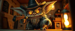 air brush 3d with pen outline,spaghetti boss gunslinger western fluffy elder gremlin edgy hero with glowing eyes, shallow depth of field, warm lantern, pin hole cam in doll house, bottom floor board edge border