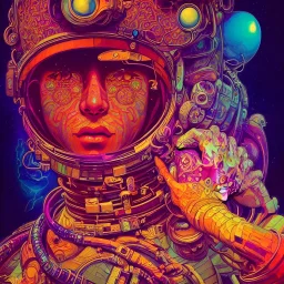 An extremely psychedelic experience, colorful, surreal, dramatic lighting, cosmonaut, LSD, face, detailed, intricate, elegant, highly detailed, digital painting, artstation, concept art, smooth, sharp focus, illustration, art by Sam Spratt, Dan Mumford, Artem Demura and Alphonse Mucha