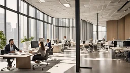 Certainly, here is a more detailed description of the ideal image for the article about "Successful Recruitment Strategies in the Business World" in English: The image features a well-lit, modern office space with large windows that provide ample natural light. The room is filled with a diverse group of employees who are engaged in various activities that reflect a dynamic work environment. In the foreground, a conference table is visible, where a team of professionals is gathered for a recruit