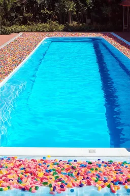 a liminal, abadoned swimming pool made of candy, gloomy