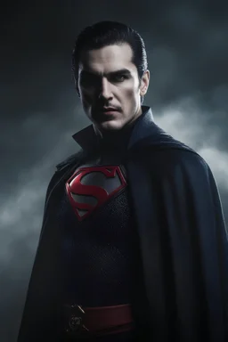 Count Dracula Superman - full color - 32k, UHD, 1080p, 8 x 10, glossy professional quality digital photograph - dark foggy gradated background, historic, powerful, octane rendering, exquisite detail, 30 - megapixel, 4k, 85 - mm - lens, sharp - focus, intricately - detailed, long exposure time, f8, ISO 100, shutter - speed 1125, diffuse - back - lighting, ((skin details, high detailed skin texture)),