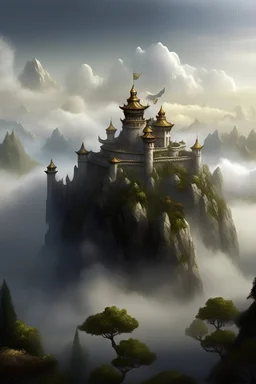 A mystical castle nestled atop a cloud-kissed mountain, surrounded by swirling mists and guarded by ancient dragons