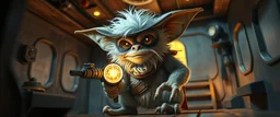 air brush 3d with pen outline,spaghetti boss gunslinger western fluffy elder gremlin edgy hero with glowing eyes, shallow depth of field, warm lantern, pin hole cam in doll house space ship, bottom floor board edge border