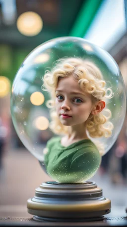 portrait of tiny green winged fairy with blonde swirly hair completly inside crystal ball bubble at the train station,bokeh like f/0.8, tilt-shift lens 8k, high detail, smooth render, down-light, unreal engine, prize winning