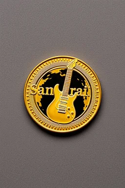 view of the word , Samarrrai , on a gold coin ,with picture of , electric guitar, in the middle of the coin.