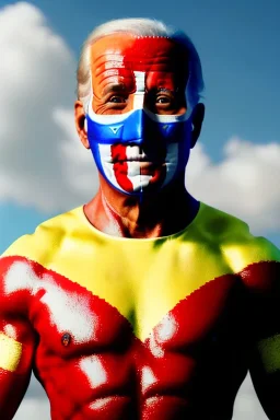 realistic image of joe biden as a mexican wrestling fighter posing, Mexican eyes wrestling mask, red and blue breeches, retro style, 80s, vibrant color, highly detailed, sky background, concept art, unreal engine 5, god rays, ray tracing, RTX, lumen lighting, ultra detail, volumetric lighting, 3d, finely drawn, high definition, high resolution.