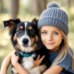 very beautiful realistic10 years old girl with a furry Dog