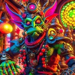 Psychedelic Wallpaper steampunk goblincore, in the style of unreal engine, Octane render, surreal mood, realistic hyper-detailed realistic portraits of hobgoblin, trolls, orcs, ogres, centaurs with the four elements ready for war art nouveau cover art is a fashion photoshoot of a beautiful Fantasy Mythical Magical Brilliantly colorful Color Grading, full body view close view interesting angle, close cinematic view, epic composition, Depth of Field, hyper-detailed gear and an interesting but stra