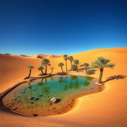 Ultra realistic landscape photography of a remote desert oasis surrounded by golden sand dunes, crystal-clear freshwater pool, palm trees growing naturally around the oasis, dramatic desert landscape under clear blue skies, realistic textures and lighting, untouched wilderness, National Geographic photography, documentary style, shot on Canon EOS R5, 28mm lens, f/9, ISO 100, RAW photo, HDR, natural lighting, true-to-life colors, professional landscape photography, ultra photorealistic, highly de