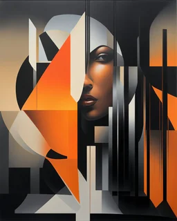 acrylic oil painting of a null liminal juxtaposition by arafed exaggeration, oversized parts, exaggerated head, excellent verticals, amazing reflections, obsidian black glass win vivid orange tint strokes, arafed probability at response, amazing reflection, captive human, split double negative space, liminal vibe, interplay between light and shadow, dynamic visual juxtaposition, tactical jacket man with red tint volumetric silence, tectonic architecture