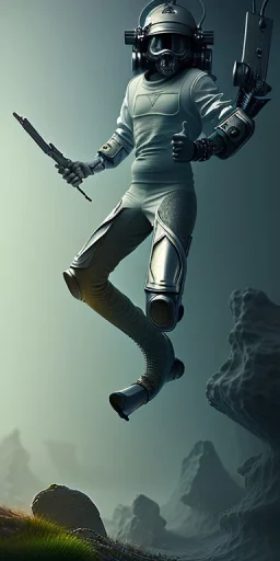 Sculpted 3d ==== a full body portrait, cyberpunk warrior, wearing boots and a helmet, jumping through the air in the syle of Carlos Ortega Elizalde, Ahmad Merheb