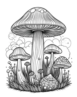 mushroom world minimalistic landscape. line art, background, vector, svg, coloring book page style, black outline on white background