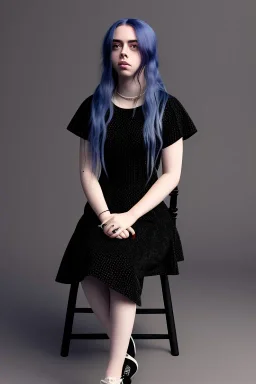 Billie Eilish, sitting on a chair, Black Short Dress, pale skin, high detail, realistic, 8k