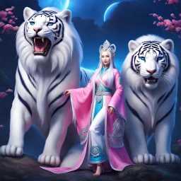 (masterpiece, best quality, 8k, RAW photo, beautiful and aesthetic:1.2), complex detail, Indirect light, photorealistic, (((full body))), 2 Gorgeous Cosmic asian goddess smiling, long curved white hair, blue eyes, Mixed, sci-fi and traditional asian outfit with pink velvet and white furs, riding a white tiger in a colorfull Sci-Fi environment with bokeh