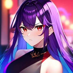 Clear focus, 8k, girl, high quality, detailed, purple hair, red eyes, beautiful lighting, vibrant colors, angry