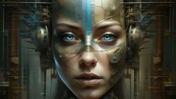 Peter Gric masterpiece illustration of a front complex biomechanical woman colored face mixed to supplies (detailed eyes, nose, mouth , neck), made of various colored metal objects all around and inside head, centered composition, HDR, UHD, all in focus, clean face, no grain, concept art