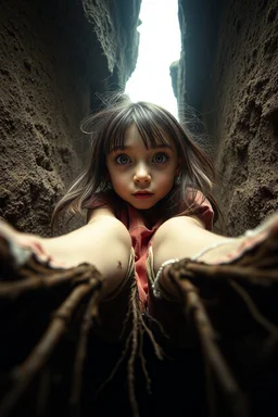Closeup tall Girl goth with big eyes, fullbody, ragged clothes, extended like roots, the perspective looking up from the bottom of an empty well , midle underwater, mud under, 8k,macro photography,