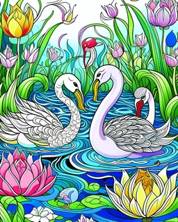 Stylized couple of two swans among lotus flowers (water lilies) and pond plants. Freehand sketch for adult anti stress coloring book cover,, colorful page, cooler background, perfect composition, beautiful detailed intricate insanely detailed octane render trending on artstation, photorealistic, soft natural volumetric cinematic perfect light, chiaroscuro, masterpiece, oil on canvas, raphael, caravaggio, greg rutkowski, beeple, beksinski, giger, black and white still, digital Art, perfect coloer