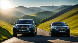 black Cross between black bentley bentayga and Range rover, on a road of green hills in morning, clear blue sky, shining sun rear view