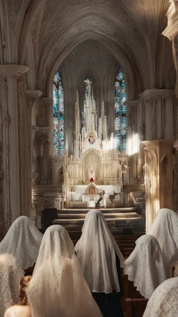 girl alone wearing lace veil with blood on it praying in church.cinematic.