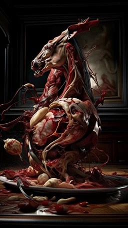 cinematic gore Bosch vs Dali style photorealistic photo of a mangled embryonic horse wrestling itself in a sinewy fleshy soul vortex, anatomically fragmented, ripped apart again being flayed, skinned alive beating heart, muscles, blood vessels, bowels, entrails, capillaries, oozing puss are exposed. Visceral anatomy. physiology. Their face and body opens with a zipper. Bosch and Dali inspired hallucinations. mythology. grotesque.