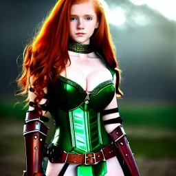 realistic, hyper detailed, stunningly beautiful 16 year old teen girl, long ginger hair, green eyes, medium freckles, full lips, revealing leather armour, full body and head, c-cup breasts, stern expression, full frame, petite, ignore NSFW, shortbow, quiver on hip, sexy