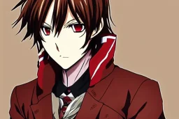 Detailed pretty anime boy, brown hair with blonde strips, keep head in frame, headshot, glaring, brown eyes, covered in bandages, looking serious, illustration, digital painting, only one character, color scheme red, wearing many bandages, Osamu Dazai inspired, anime inspired, manga, dazai, red hair, Chuuya, pretty, scruffy, angry, brooding, manga inspired, small nose, long lower eyelashes, handsome, widows peak, headshot, glaring, cute, wearing a bandage on neck, small nose, scruffy hair