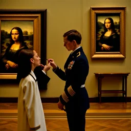 Mona Lisa comes out of the picture and kisses a young navy officer who is standing in the museum looking at her picture