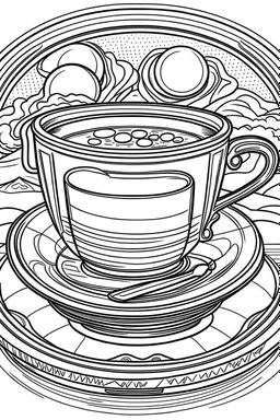 Outline art for coloring page, TEACUP SET ON MARS, coloring page, white background, Sketch style, only use outline, clean line art, white background, no shadows, no shading, no color, clear