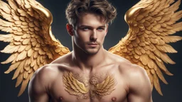 male 35 years old angel, fine rendering, high detail, 8K, bright colors, HD photography, gold, tattoo, apple