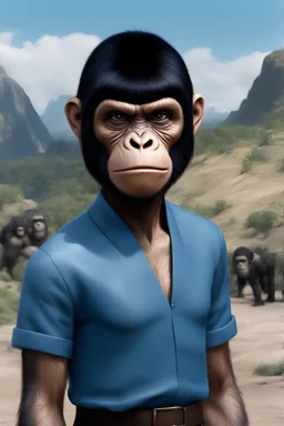 full body - Horror of the Planet of the Apes - black hair, Deep Blue Eyes - head and shoulders portrait - Lenna, part chimpanzee, part human, short, bowl-cut, straight black hair, the bangs cut straight across the forehead, she resembles a Zira from the Planet of the Apes, and she resembles Spock - Mountains, blue skies, clouds, red roses, blue roses, yellow roses, honeysuckle roses, carnations, lilacs, professional quality, 32k, UHD, glossy, 1080p, Extremely high resolution Digital photograph