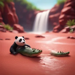 pen outline, waterfall, crocodile panda on the red sand beach ,bokeh like f/0.8, tilt-shift lens 8k, high detail, smooth render, down-light, unreal engine