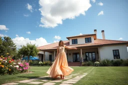 full body close up shot ,country side modern villa wide yard in front of villa ,a beautiful lady in nice long dress dancing in front of camera,flowers blue sky ,petty flophy clouds