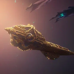 overhead view of a huge ornate spaceship made of brass and black stone flying through space