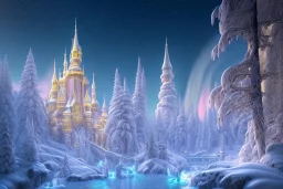  white and gold crystal castle，waterfall, winter snow flakessnow, northern Lights, full of details, smooth, bright sunshine，soft light atmosphere, light effect，vaporwave colorful, concept art, smooth, extremely sharp detail, finely tuned detail, ultra high definition, 8 k, unreal engine 5, ultra sharp focus