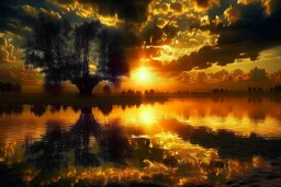 Create an image of a surreal sunset over tranquil lake, radiant golden sunlight streaming through dramatic clouds, lone tree at water’s edge, perfect mirror reflection, warm hues of gold, orange, and deep blue, ethereal atmosphere, cinematic lighting, ultra-detailed textures, emotional and inspirational mood, wide-angle composition