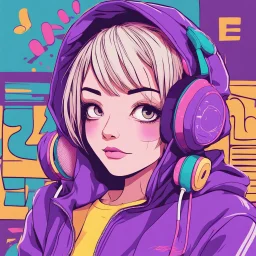 masterpiece, intricate details, a wide angle 2D anime bold line flat colour illustration of a cheerful girl in a high purple hoodie and headphone in hip hop style, dopamine style, overlaying mixed patterns of pop art text and emoji device installations, sharp focus, charming character illustration, beautiful vibrant kuler palette gradient