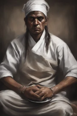 A native Indian chef, they but a fabric on his eye so he can not see and his arms are Handcuffed. looks miserable with bruises on his face like he has been beating sitting on a broken chair in a prison with dem light and dark prison environments , Busch painting style , sureal