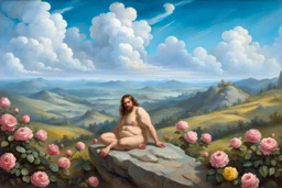 a handsome, fat man with a well-groomed, bearded face and long, curly hair. He is sitting naked on a rock, surrounded by a picturesque valley adorned with pink and yellow rose flowers. The spring sky above is adorned with breathtakingly beautiful clouds. like oil paintings 19th century