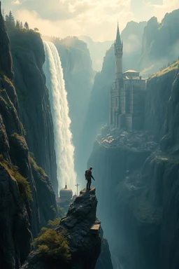 a waterfall falling upon a medieval city at the end of a steep, narrow, 3.000 feet tall ravine. a man holding his friend in one hand try to save him from falling on a cliff masterpiece, fantasy concept art, dynamic lighting, hyperdetailed, intricately detailed, deep color, Unreal Engine, volumetric lighting, Epic cinematic brilliant stunning intricate meticulously detailed dramatic atmospheric maximalist digital matte painting