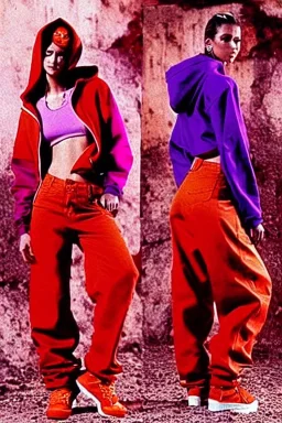 year 1999 women fashion, Techno, rave, Loose, straight, suit, low waist light trousers, t-shirt, new kind of hoodie with high tippet, which goes down along zipper! Colors: all denim colors, purple, khaki, lilac, plum, orange, terracotta, red, pink, dark blue, beige. Patterns: lynx, balls, stripes. lynx belt. starling or owl prints. Women models. Missy Elliot, Sandra Bullock, Milla Jovovich, Big tennis shoes on. Latex, denim and leather e.g. in Leg warmers.