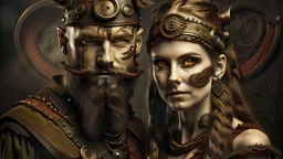 create a picture of a viking man and woman as an old portrait, horror steampunk style