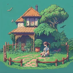 A studio ghibli kinda big house with garden, well, fence, snake, girl sitting on a chair, landscape, pixelart