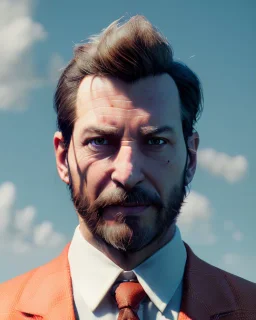 Realistic image, hybrid character, original muppet head, man body, human arms and hands, Shirt and tie, concept art, Wes Anderson style, smooth, unreal engine 5, god lights, ray tracing, RTX, lumen lighting, ultra detail, volumetric lighting, 3d, finely drawn, high definition, 4k.