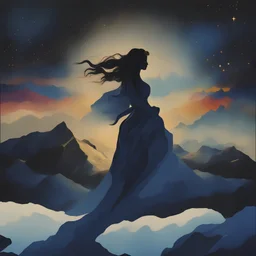 a shadow of a woman on top of a mountain, dark blue glowing light, dark, magic, fantasy, stars, sparkle, golden dragon through sky, in the style of kandinsky