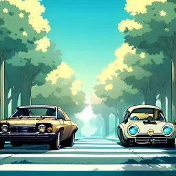 2 good looking anime friends driving in a old classic convertible car, thier hair blowing in the wind, detail on girls faces, girls are wearing aviator sunglasses, trees and roads in the background, sunglasses,no turning back, faces are visible