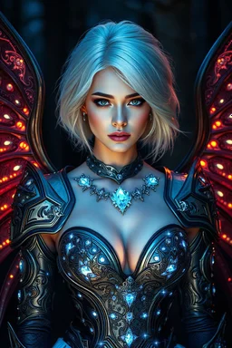 Full body Photography cinematic natural beauty,beautiful fairy princess skin caucasian female,wings,detailed eyes, large bust, shoulder length platinum silver hair, glowing fractal embedded on royal armor, luxury gown glowing colors diamonds jewellers light pattern cloth, high fantasy setting, wearing regal intricate leather with scattered glowing crystal, glowing part on clothing, midnight forest, portrait