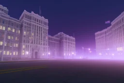 hstreet view of hospital from across the street, night time , unity, scriptable render pipeline , lighting , volumetric , global illumination, fog , purple emission , purple tone.