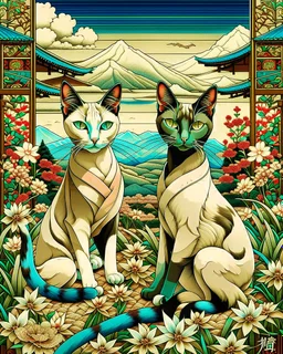 Two sister Oriental shorthair Siamese chocolate point cats" Asakusa Ricefields, Japanese Art Poster, in the style of Utagawa Hiroshige