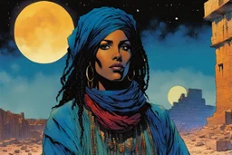 create an imaginative illustration of a Tuareg female, in traditional dress, with finely detailed facial features, short dreadlock hair, in the ruins of Djemila under the midnight sky, in the comic book art style of Bill Sienkiewicz, Mike Mignola, and Jean Giraud Moebius, finely textured, drawn, colored, and inked